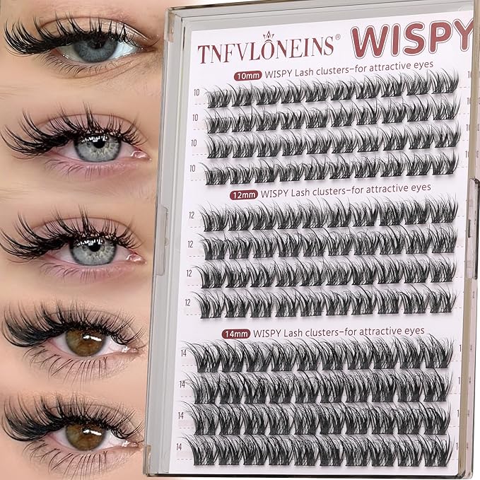 Wispy Lash Clusters Fluffy Eyelash Clusters 10-12-14mm Natural Cluster Eyelash Extensions Wide Band Lashes Clusters C Curl Individual Lashes DIY Lash Extension for Daily Clean Makeup by TNFVLONEINS