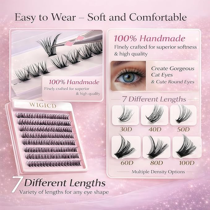 Lash Clusters Kit, Eyelash Clusters Individual Lash Extension Kit 480 Pcs D Curl Fluffy Wispy False Eyelashes Extensions Thin Band with Bond Seal Tweezers Brush Removers (40D+50D KIT)
