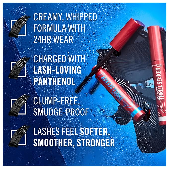 Rimmel London Wonder'Volume Thrill Seeker, 003 Black, Waterproof Mascara, Volumizing Mascara, Smudge-Proof, Clump-Proof, Flake-Proof, 24-Hour Wear, 0.28oz