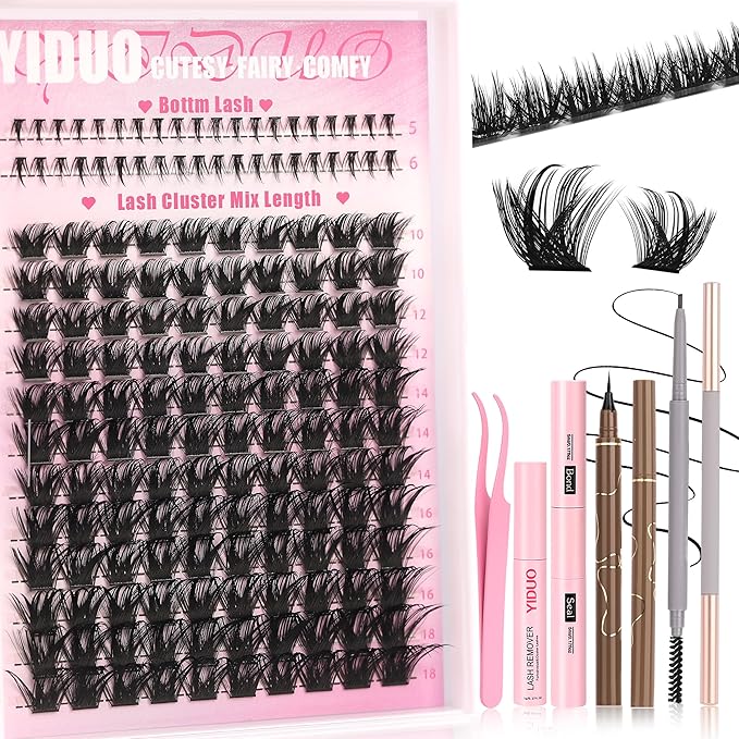 YIDUO Manga Lash Clusters Kit with Bottom Lashes Extensions Kit with Bond and Seal|Eye Liner|Waterproof Eyebrow, DIY Lash Extension Kit