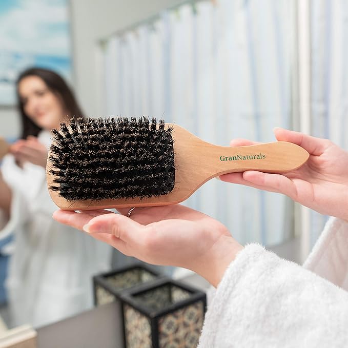GranNaturals Boar Bristle Smoothing Hair Brush for Women and Men - Medium/Soft Bristles - Natural Wooden Large Flat Square Paddle Hairbrush for Fine, Thin, Straight, Long, or Short Hair