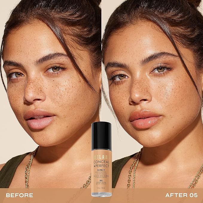 Milani Conceal + Perfect 2-in-1 Foundation + Concealer for a Flawless Complexion, Under Eye Corrector, Cover Redness and Imperfections, Waterproof and Sweatproof - 05-Warm Beige