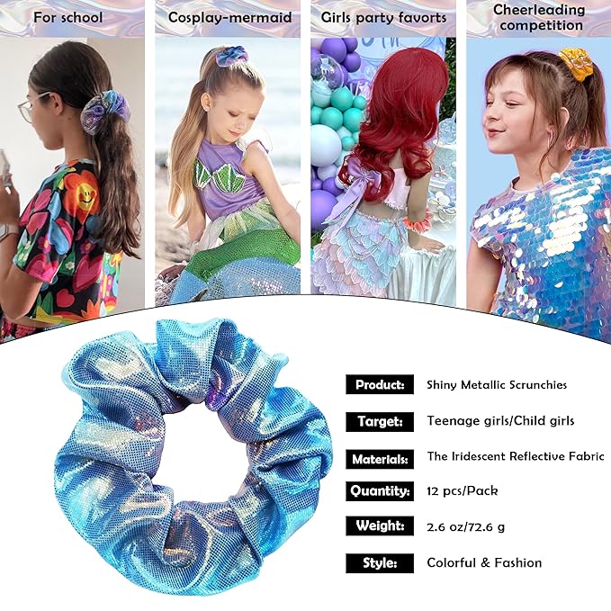 12 Pcs Scrunchies for Women, Shiny Metallic Hair Scrunchies for Girls, Hair Ties Elastic Hair Bands Ropes, Soft Ropes Ponytail Holder Hair Accessories(Gradient Metallic)