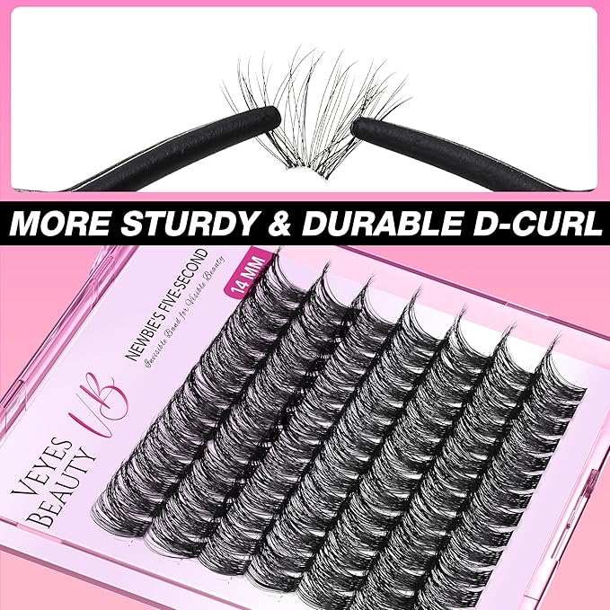 VEYESBEAUTY Lash Clusters Individual Eyelash Extensions Thin & Invisible Band DIY False Eyelashes for Self-application Newbie's Five-Second Series Wispy Lash Tray, LuxeBold 14mm Single Length