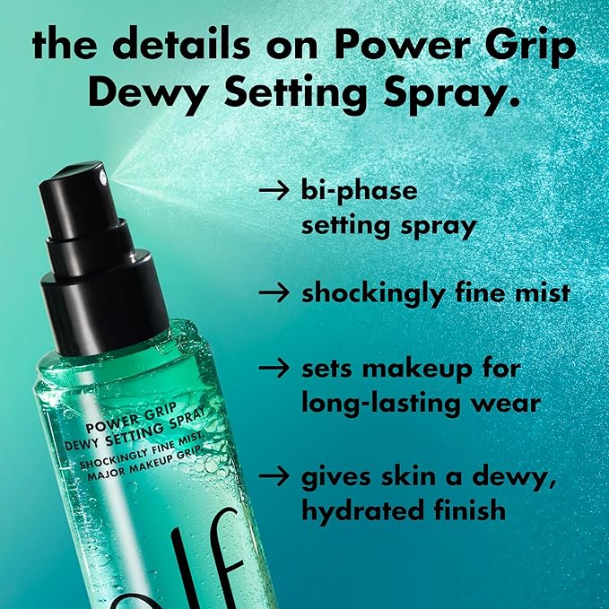 e.l.f. Power Grip Dewy Setting Spray, Ultra Fine Mist Made With Hyaluronic Acid, Grips Makeup For A Hydrated, Dewy Finish, Vegan & Cruelty-Free