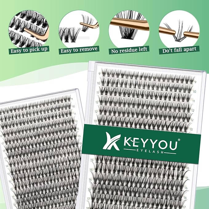 KEYYOU Lash Clusters 300pcs Individual Lashes, 30D 0.07D Curl 9-18MIX DIY Eyelash Extension, Soft & Natural Volume Cluster Lashes with Large Tray