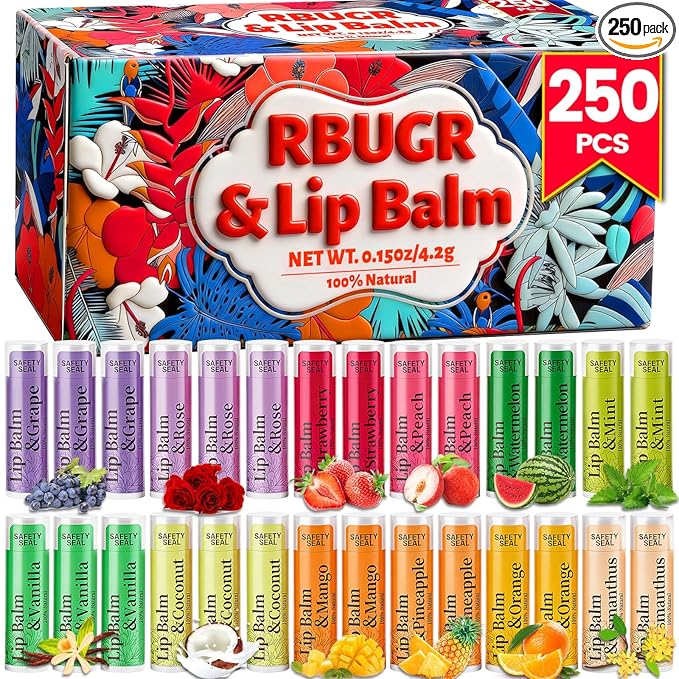 RBUGR 250 Pcs Lip Balm Bulk,12 Fruit Flavored Natural Bulk Lip Balm, Lip Balms Pack with Vitamin E, Lip Balms Gift Set Women Stocking Stuffers Party Favors, Moisturizing&Soothing(4.2g/0.15oz)