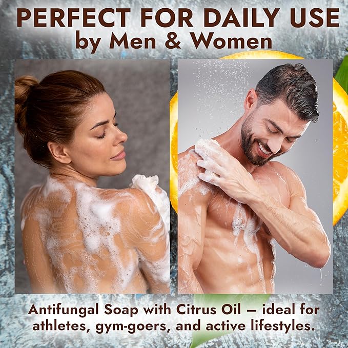 Antifungal Soap with Lemon Oil | Medicated Jock Itch Treatment Helps Fight Ringworm & Athlete’s Foot | Tolnaftate 1% Antifungal Cleansing Bars with Scrubber Infused with Sweet Orange & Grapefruit Oil