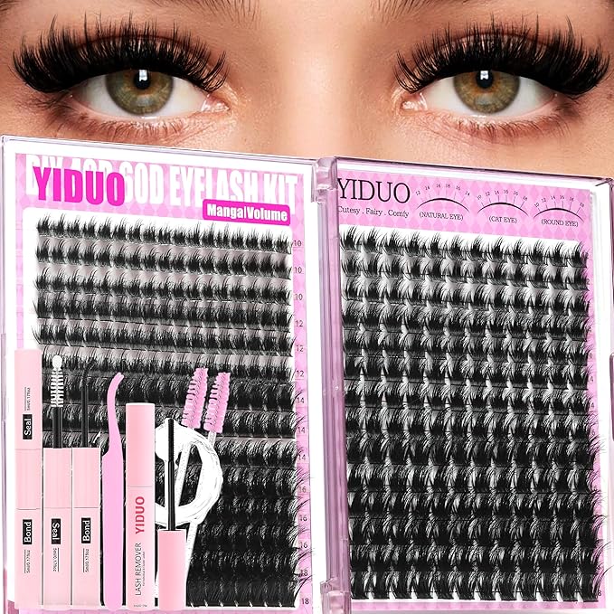 YIDUO Spikes Lash Clusters Kit 406Pcs Volume Manga Cluster Eyelash Extensions Kit 10-18mm Wispy Lashes Clusters wide band Anime Individual Lash Cluster with Lash Glue Easy to Use for Beginners