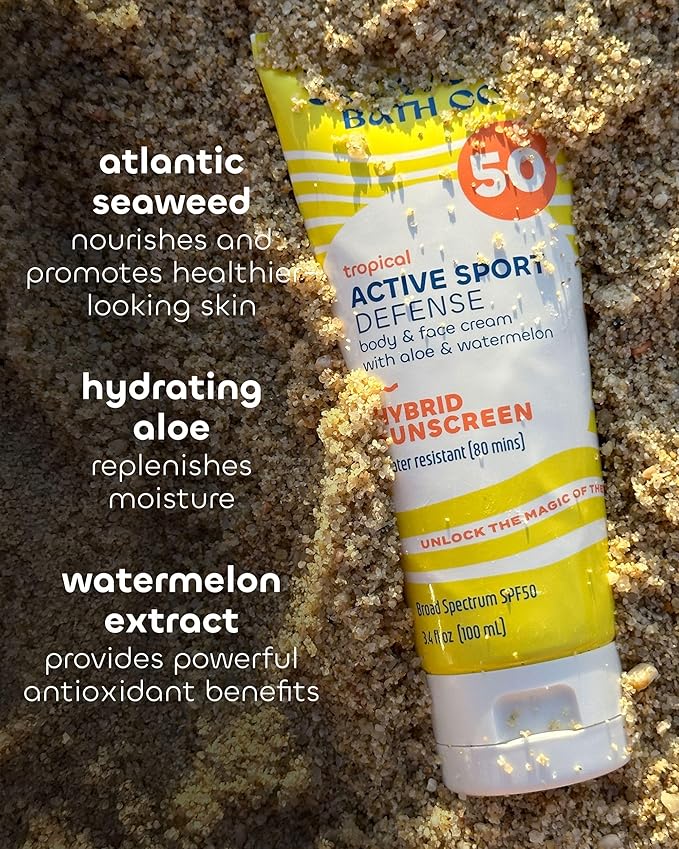 Seaweed Bath Co. Active Sport Defense Cream SPF 50 - Broad Spectrum Hybrid Sunscreen with Zinc Oxide, Aloe & Watermelon - Water Resistant Face and Body Daily Sunblock, 3.4 Ounce