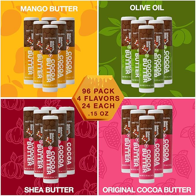 Nature's Bees Cocoa Butter Lip Balm, Original, Shea Butter, Olive Oil and Mango, Bulk Lip Care Pack for Dry Lips, Made with Coconut Oil, Beeswax, Vitamin E, Aloe, 0.15 oz 4 Flavors, 96 Pack