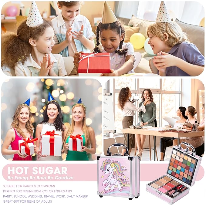 Hot Sugar Girls Makeup Kit for Teenagers 13-15 Includes Eyeshadow Lip Gloss Blush Highlighter Contour Brush (Pink Unicorn)