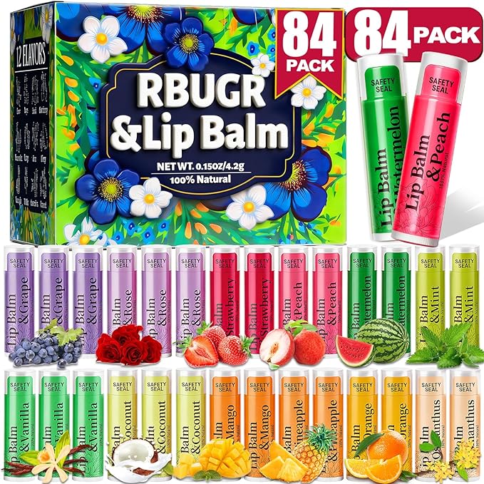 RBUGR 84 Pack Lip Balms - 12 Flavors Natural Organic Vitamin E Moisturising Balm for Dry Cracked Lips, Bulk Gifts for Valentines, Stocking Stuffers & Party Favors (4.2g/0.15oz)