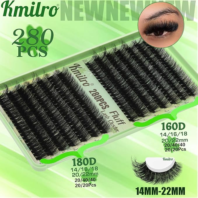 Volume Lash Clusters 160D+180D Flat Eyelash Clusters Thick 14-22mm Cluster Eyelash Extensions 280Pcs Wispy Individual Lashes Soft Waterproof False Eyelashes DIY Lash Extension