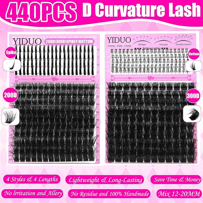 YIDUO Lash Clusters Kit 3D Volume 200D+300D+Spikes+Bottom Cluster Lashes Extensions Kit with Lash Bond and Seal |Tweezers |Removers |Eyebrow Brush (200D+300D-10-18MIX 3D Thick Kit)
