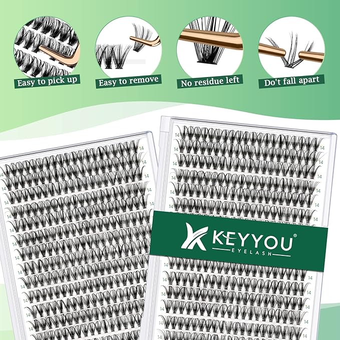 KEYYOU Lash Clusters 300pcs Individual Lashes, 30D 0.07D Curl 14mm DIY Eyelash Extension, Soft & Natural Volume Cluster Lashes with Large Tray