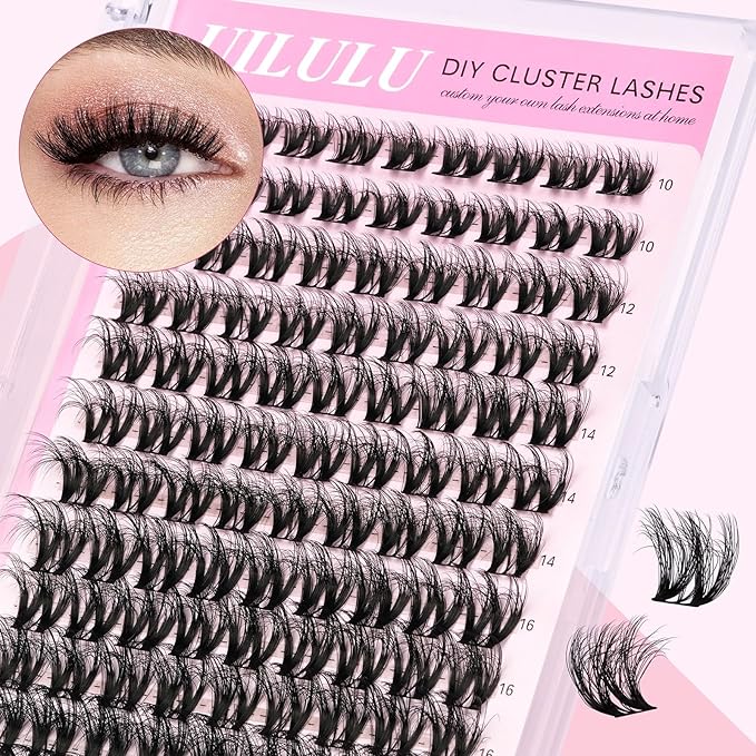Uilulu Lash Clusters Kit for DIY Lash Extension at Home, False Eyelashes Set with Bond Seal, Lash Remover, Brush, Tweezers, D Curl Wispy Individual Clusters Eye Lash Extensions Kit (U10 Kit)