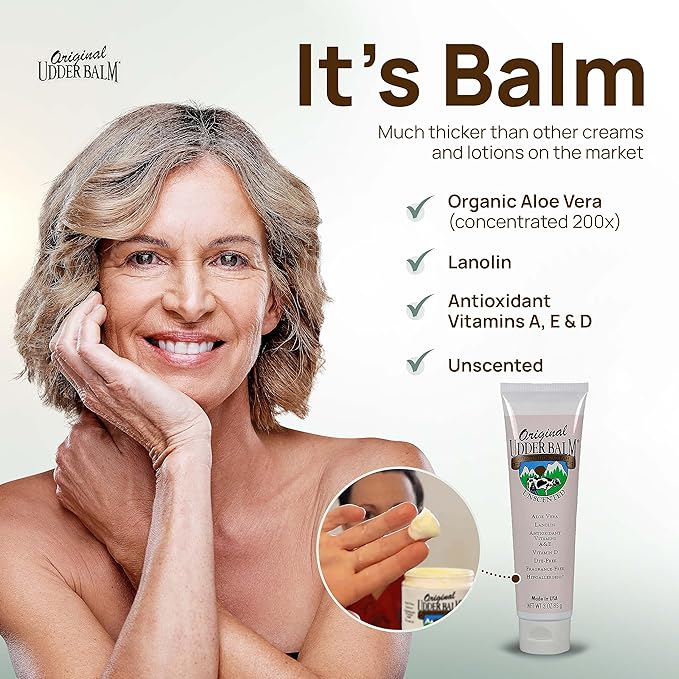 Original Udder Balm Unscented Tube - Made in USA - Hypoallergenic, Dry Skin Relief for Hands, Feet & Face, Moisturizer for Sensitive, Cracked Dry Skin, 3 Fl Oz