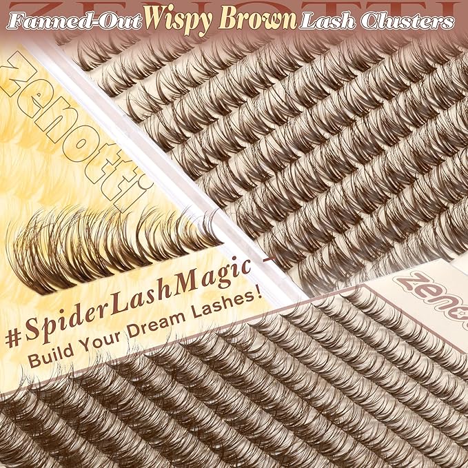 Spider Breeze Lash Clusters Brown Eyelash Clusters D Curly Wispy Cluster Eyelash Extensions Natural Brown Spider Lashes Cluster with Invisible Band Fluffy Individual Lashes 8-16mm by zenotti