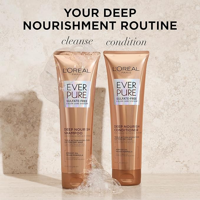 L'Oreal Paris Sulfate Free Shampoo and Conditioner for Dry Hair,Triple Action Hydration for Dry,Brittle or Color Treated Hair,Apricot Oil Infused-Hair Care,EverPure,8.5 Fl Oz,Set of 2,(Pack of 3)