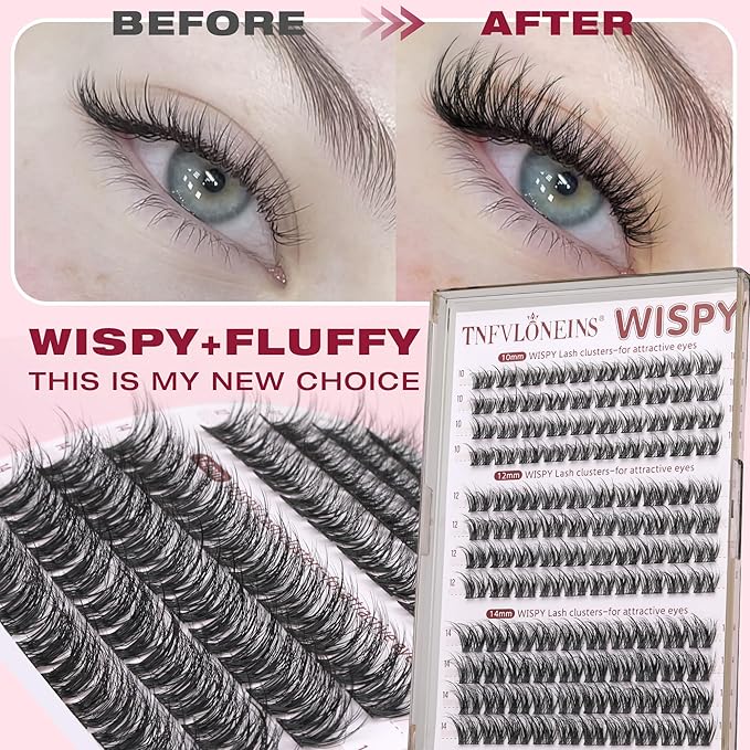 Wispy Lash Clusters Fluffy Eyelash Clusters 10-12-14mm Natural Cluster Eyelash Extensions Wide Band Lashes Clusters C Curl Individual Lashes DIY Lash Extension for Daily Clean Makeup by TNFVLONEINS