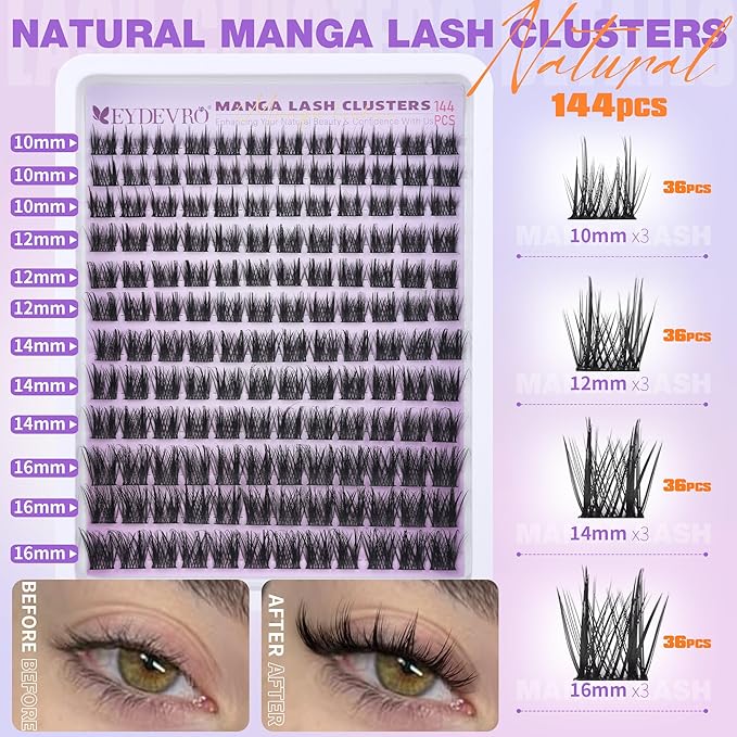 EYDEVRO Wispy Lash Clusters Natural Manga Eyelash Clusters 10-16mm Fairy Cluster Eyelash Extensions CD Curl Cluster Lashes Soft Thin Band Individual Lashes DIY Lash Extensions at Home