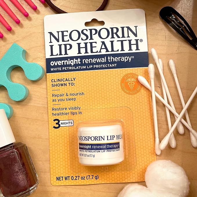 NEOSPORIN Lip Health Overnight Renewal Therapy White Petrolatum Lip Protectant, Nourishing Night Moisturizer to Repair Dry & Cracked Lips, Prevent & Protect Chapped Lips, 0.27 oz