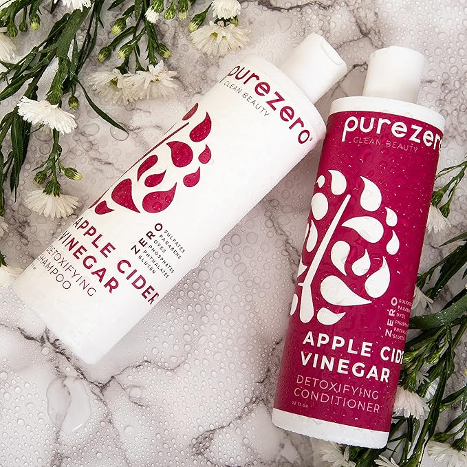 Purezero Apple Cider Vinegar Shampoo & Conditioner Set - Detox Scalp & Hair - pH balanced -Increase Hydration - Zero Sulfates, Parabens, Dyes - 100% Vegan & Cruelty Free - Great For Color Treated Hair