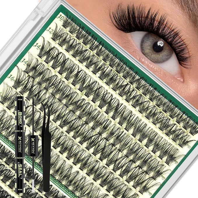 KEYYOU Lash Clusters Kit Thick Lash Extension Kit with 280pcs Super Soft 60D+80D D Curl 10-18MIX Lash Clusters for Volume Fluffy Look with Bond&Seal and Applicator DIY at Home