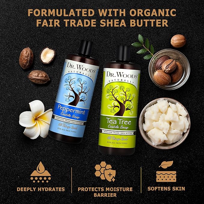 Dr. Woods Liquid Castile Soap - Pure Tea Tree Oil and Peppermint Soap, Body Wash for Men and Women, Contains Organic Shea Butter, Natural Cleaner for Face, Hands, and Body - 32 Fl Oz, Pack of 2