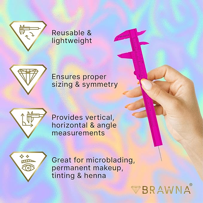 BRAWNA 5 Pcs Brow Pro Measuring Tool with 2 Eyebrow Ruler Stickers - Double Scale Eyebrow Ruler for Microblading, Brow & Makeup Artists - Eyebrow Calipers Ruler Plastic- Pink