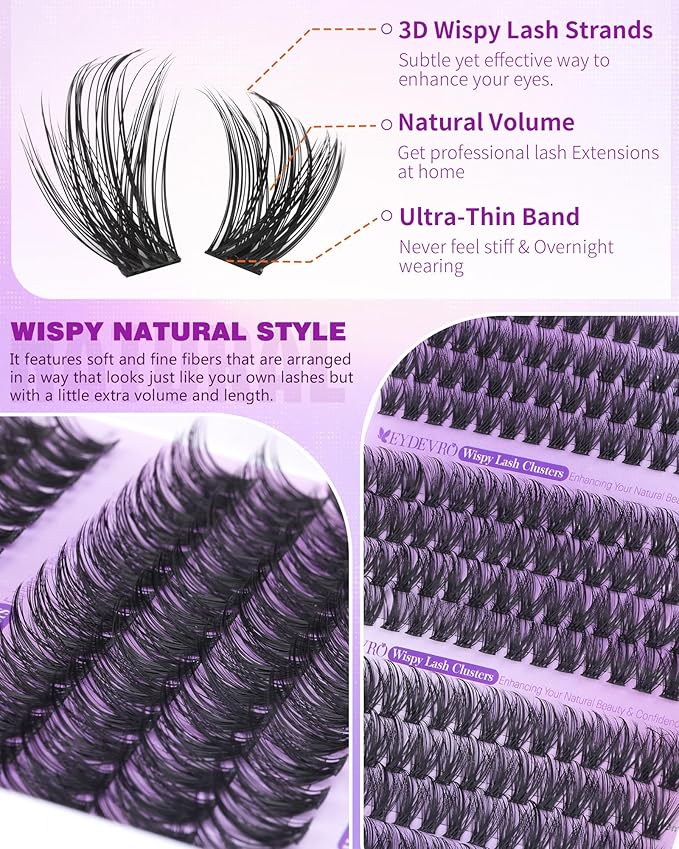 EYDEVRO Wispy Lash Clusters Natural Eyelash Clusters 12mm-14mm-16mm Cluster Eyelash Extensions pestañas postizas naturales CD Curl 192 Pcs Manga Lash Clusters Salon-quality DIY Lash Extensions