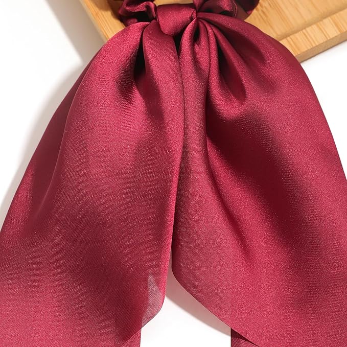 Pack of 2 Knotted Bow Hair Scrunchies Elastic Hair Scarf Hair Ties Bands Satin Hair Ribbon Scrunchy Red Ponytail Holder for Women and Girls, Hair Scarf Scrunchies, Hair Accessories (Burgundy)