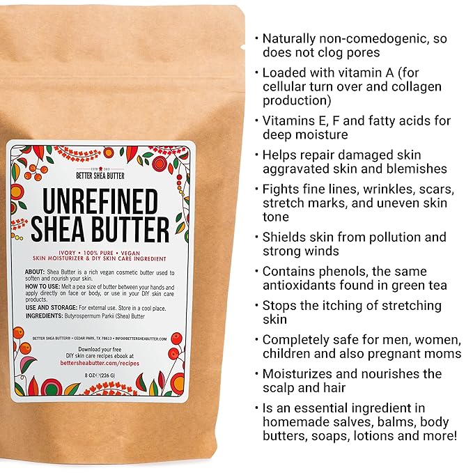 Raw Shea Butter – 100% Pure Unrefined African Shea Butter | Deep Moisturizer for Dry Skin, Hair & Scalp | DIY Body Butter, Lip Balm & Soap Base | Smoky Scent (8 oz Block)