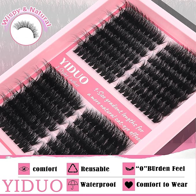 YIDUO Lash Clusters Kit 100D+150D 10-18mm Cat Eye Eyelash Extensions Kit Volume Wispy Left & Right Individual DIY Lash Extension Kit with Glue |Tweezers |Removers |Eyelash & Eyebrow Brush