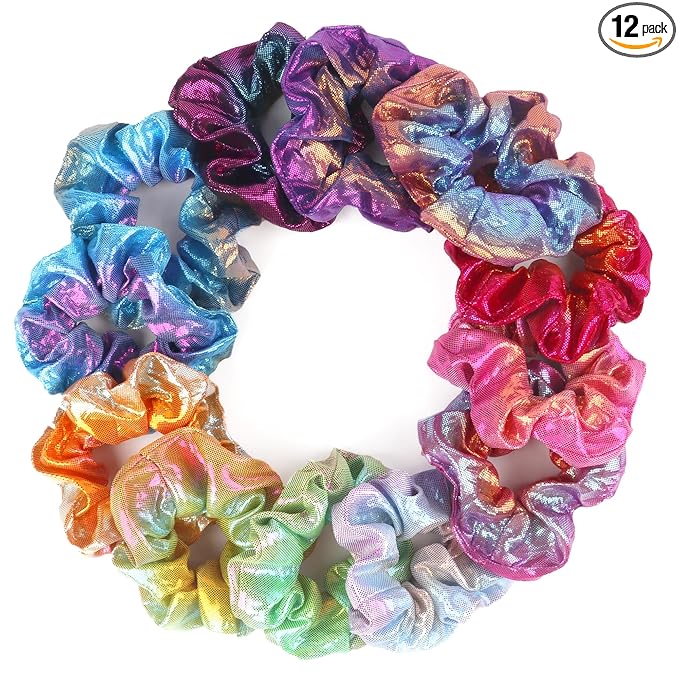 12 Pcs Scrunchies for Women, Shiny Metallic Hair Scrunchies for Girls, Hair Ties Elastic Hair Bands Ropes, Soft Ropes Ponytail Holder Hair Accessories(Gradient Metallic)