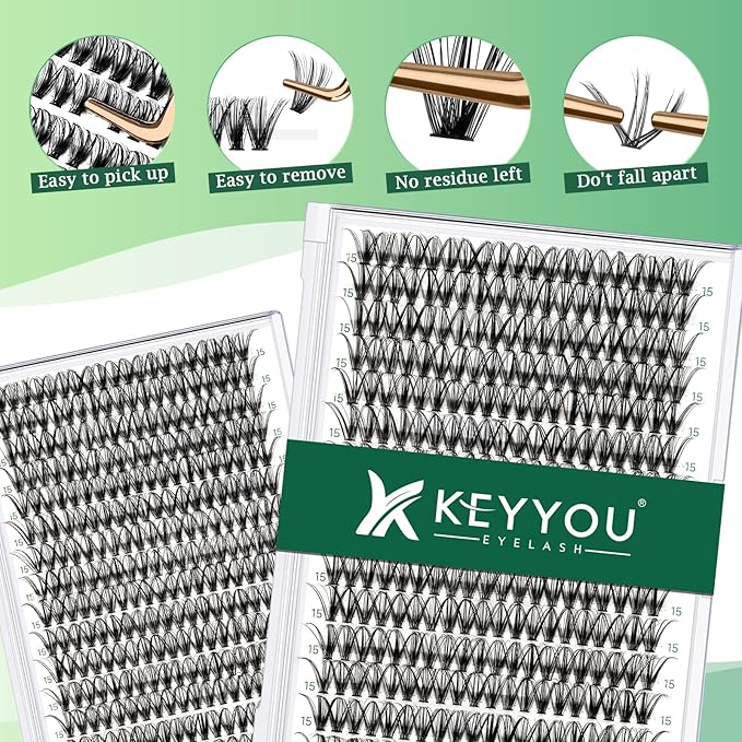 KEYYOU Lash Clusters 300pcs Individual Lashes, 30D 0.07D Curl 15mm DIY Eyelash Extension, Soft & Natural Volume Cluster Lashes with Large Tray