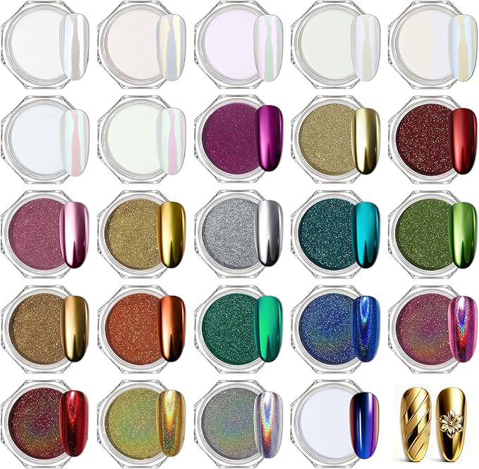 Artdone 24Jars Chrome Nail Powder Magic White Pearl Kit Colored Mirror Effect Silver Gold Metallic Stuff Holographic Nail Pigment Powder for Resin Craft & Nail Art Accessories Decoration Supplies