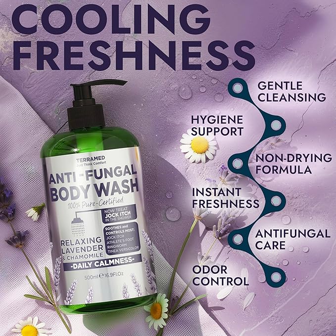 Antifungal Body Wash with Lavender Essential Oil |1% Tolnaftate Chamomile Soap for Ringworm, Jock Itch & Athlete’s Foot | Medicated Itch & Odor Relief Body Wash with Calming Effect | 16.9 oz