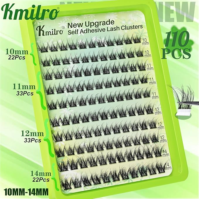 Self Adhesive Eyelashes 10-14mm Wispy Lash Clusters Pre-Glued No Glue Needed Reusable Waterproof Press on Lashes for Natural Look 110Pcs with Tweezers Easy Apply Beginner Friendly Kit