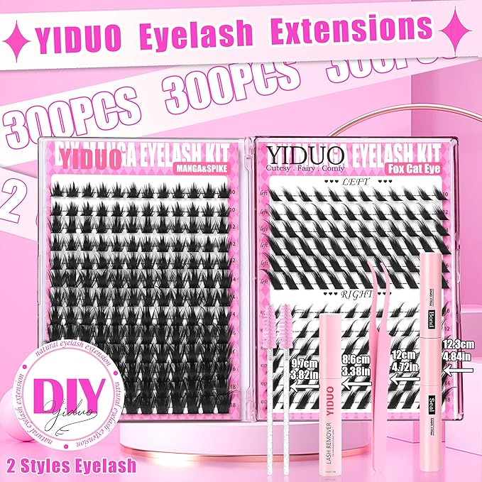YIDUO Manga Lash Clusters Kit 2 Styles Volume Fairy + Cat Eye Cartoon Clusters Eyelash Extensions Kit with Lash Bond and Seal Remover Tweezers 10-18mm Wispy Individual DIY Lashes Book Kit
