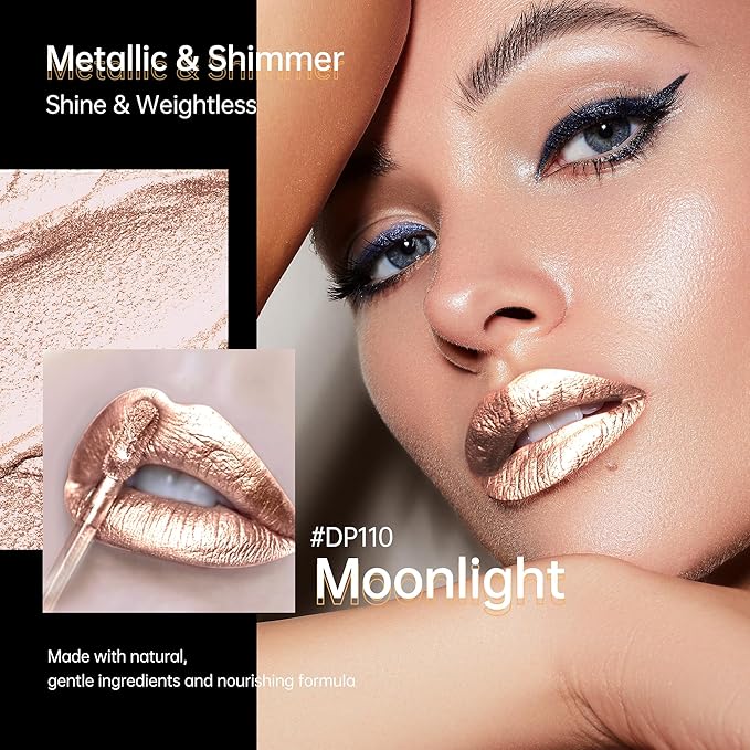 Depuplum Silver Lipsticks for Women Metallic Lipstick Long Lasting Shimmer Lip Gloss Metal Shine Glitter Waterproof Lipsticks Full Coverage Lip Color for Mother's Day,DP110 Moonlight
