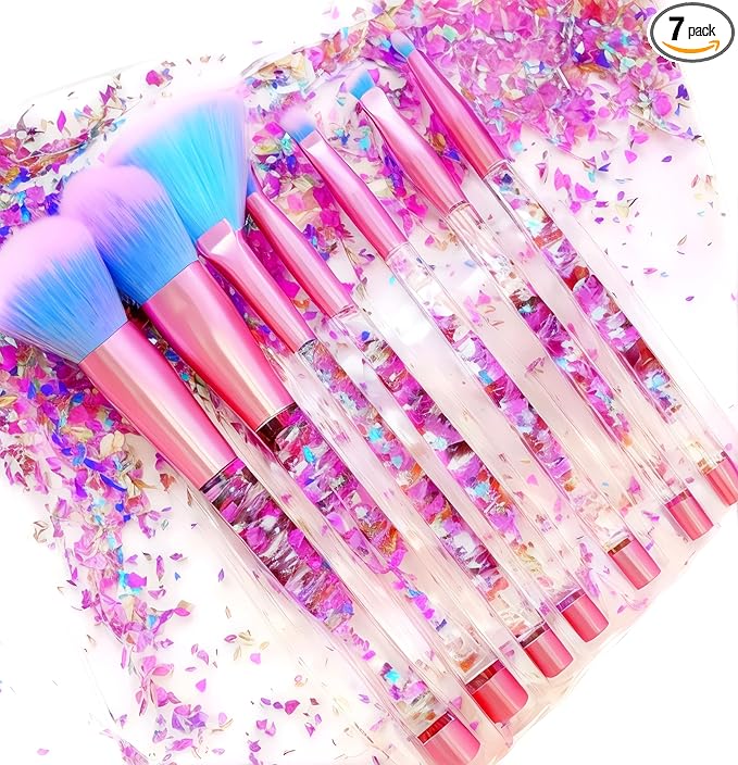 Unicorn Fan Makeup Brush Set,Crystal Sparkles Blue Blush Powder Fan Lip Eye Shadow Eyebrow Eye Blender Brush in Set