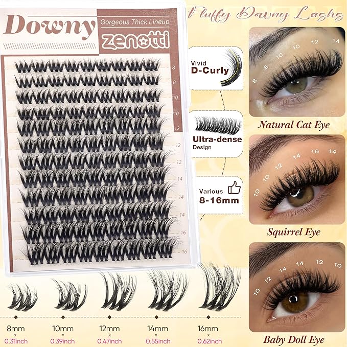 Downy Lash Clusters Fluffy Volume Eyelash Clusters Wispy Cluster Eyelash Extensions Flaunt Mink Lash Extensions with Invisible Band D Curly Individual Lashes 8-16mm DIY Lashes for Flawless Look