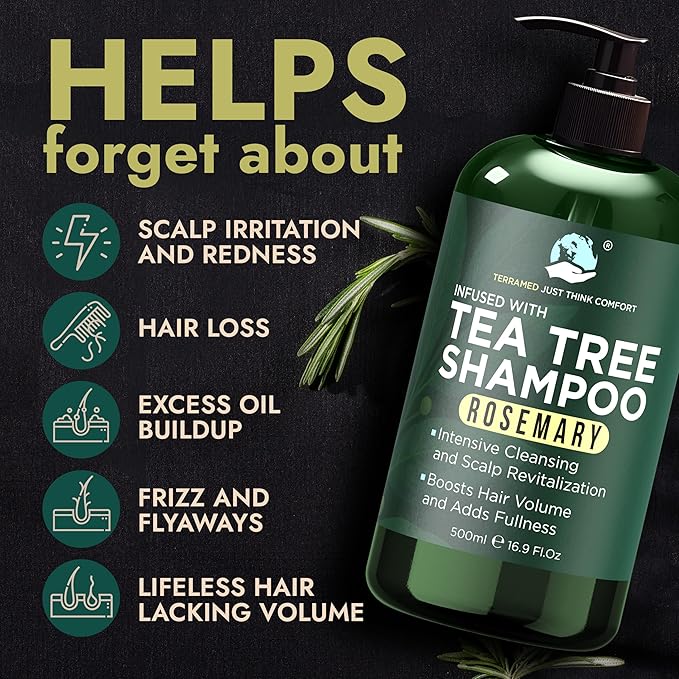 Rosemary Shampoo and Conditioner Set Infused with Tea Tree & Rosemary Oils for Scalp Relief and Hair Growth | Sulfate Free, Soothes Dry Scalp, Boosts Shine + Free Scalp Brush | 16.9 fl oz