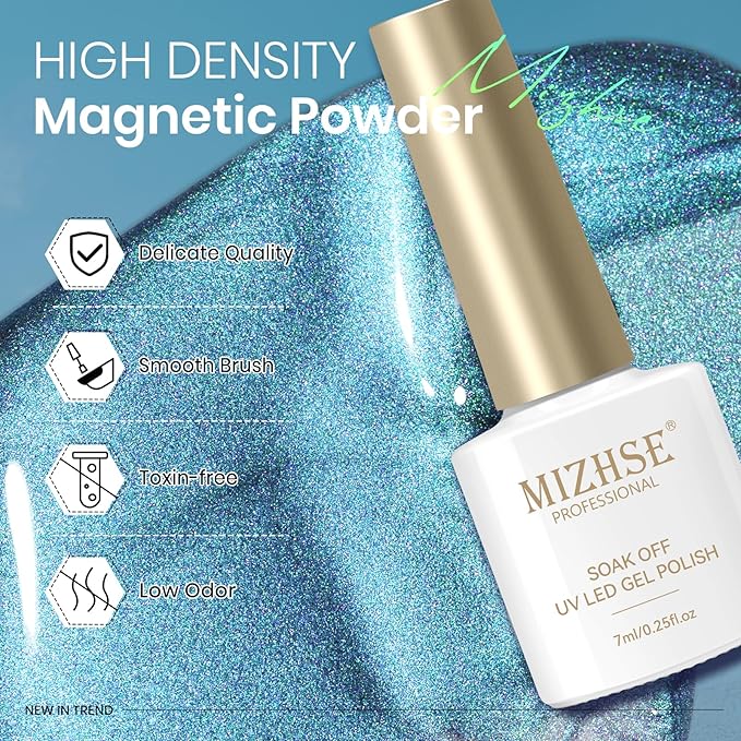 MIZHSE Cat Eye Gel Polish Set, 6 Colors Holographic Magnetic Gel Polish Set with Magnet Stick, Glitter Pink Green Blue Purple Magnetic French Nails Nail Polish Kit Gift Set for Women