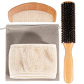 4PCS Boar Bristle Hair Brush Comb Set for Women Men Kid, Soft Natural Slick Back Hair Brush for Thin & Fine Hair, Travel Bag & Spa Headband Included