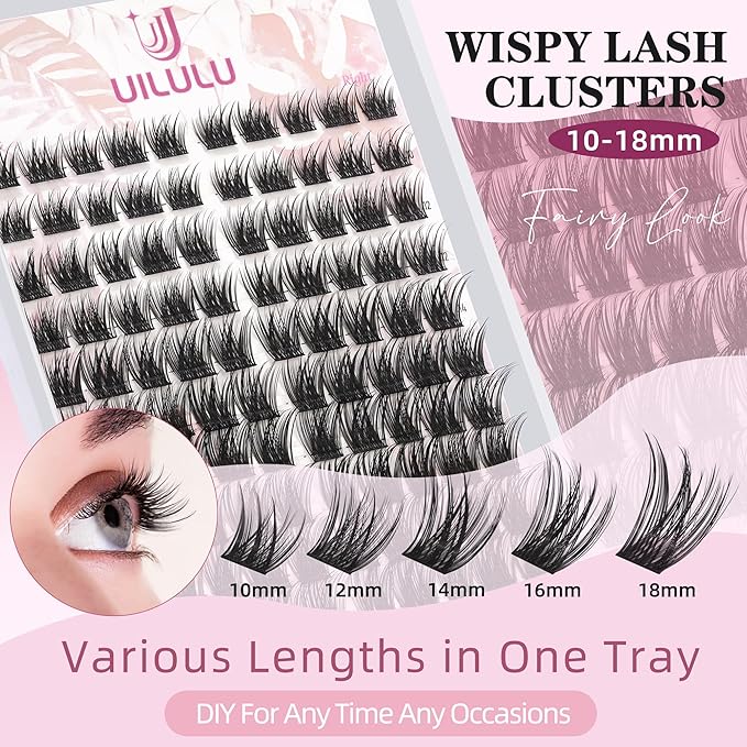 Uilulu Lash Clusters Kit 10-18mm D Curl Clusters Eyelash Extensions Kit False Eyelash Clusters DIY Eyelash Extensions Individual Cluster Lashes (U017 Lashes Only)