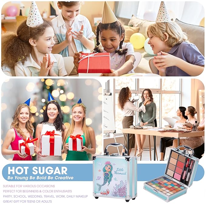 Hot Sugar Girls Makeup Kit for Teenagers 13-15 Includes Eyeshadow Lip Gloss Blush Highlighter Contour Brush (Blue Mermaid)