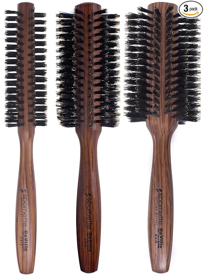 Spornette DeVille Boar Bristle Round Brush Set - Professional Hair Brushes Including 1.5, 2, and 2.5 inch Sizes - For Women, Men, & Kids
